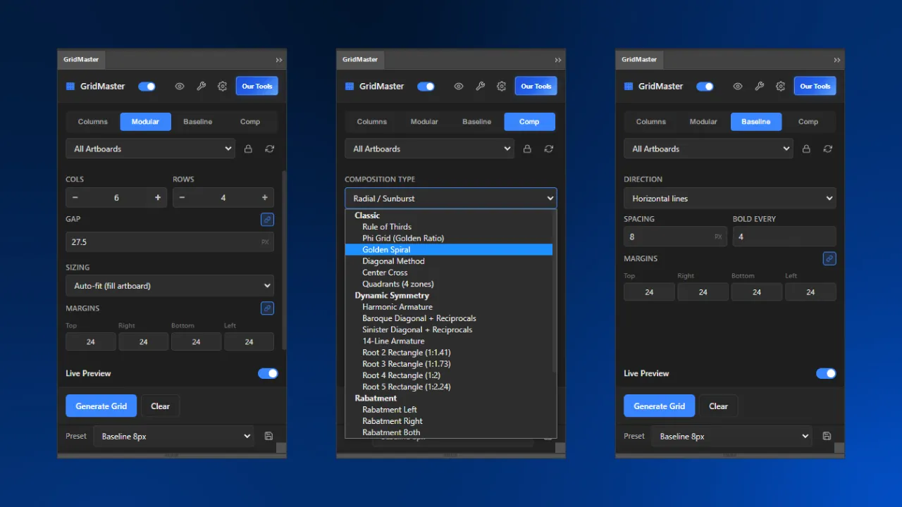GridMaster Panel Menus